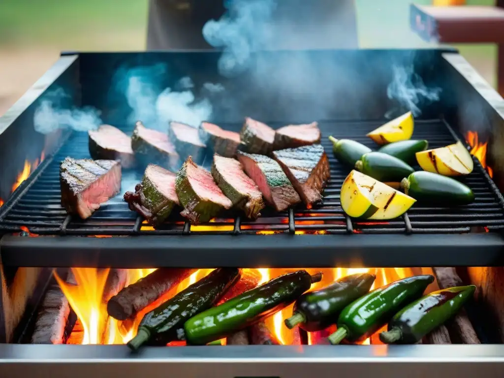 Un asador uruguayo experto preparando cortes de carne sobre brasas, en una parrilla tradicional