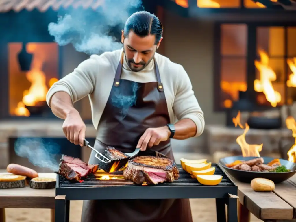 Un asador uruguayo experto preparando una deliciosa variedad de carnes sobre las llamas, en un ambiente tradicional y acogedor