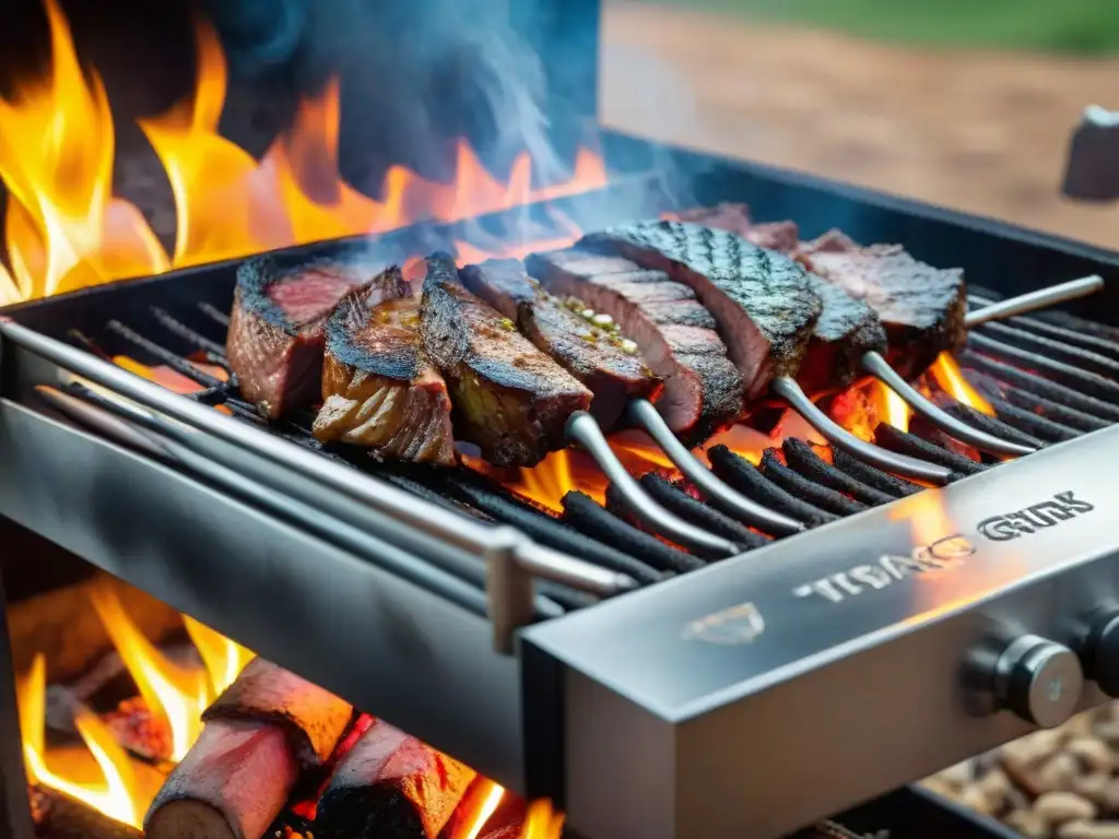 Un asador uruguayo experto atiende una parrilla tradicional, con cortes de carne jugosos sobre brasas