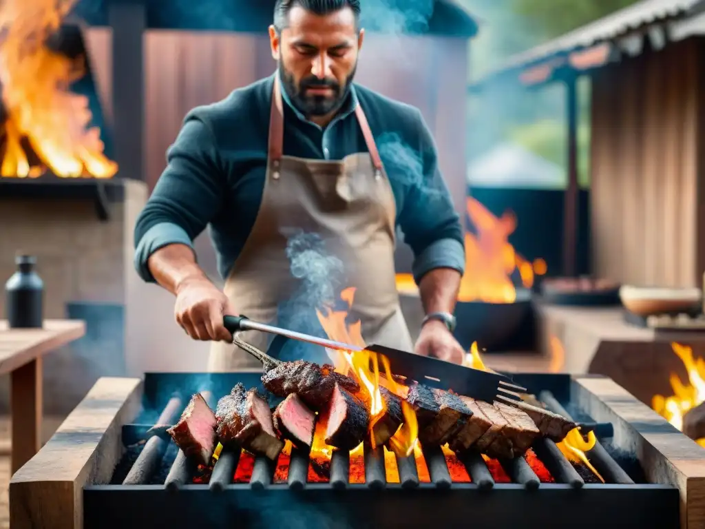 Un asador uruguayo experto muestra sus técnicas de asado uruguayo con maestría sobre las llamas