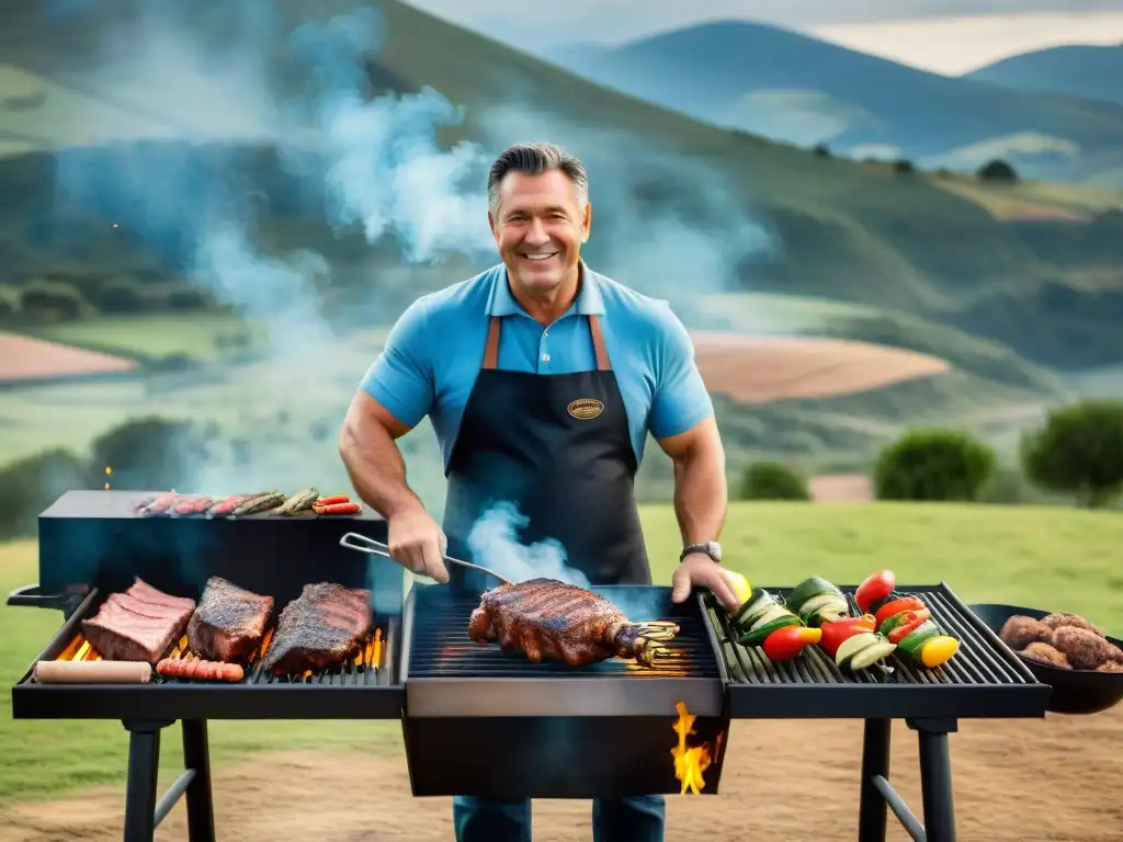 Un asador uruguayo maestro en acción, desplegando sus secretos asadores en un tradicional asado