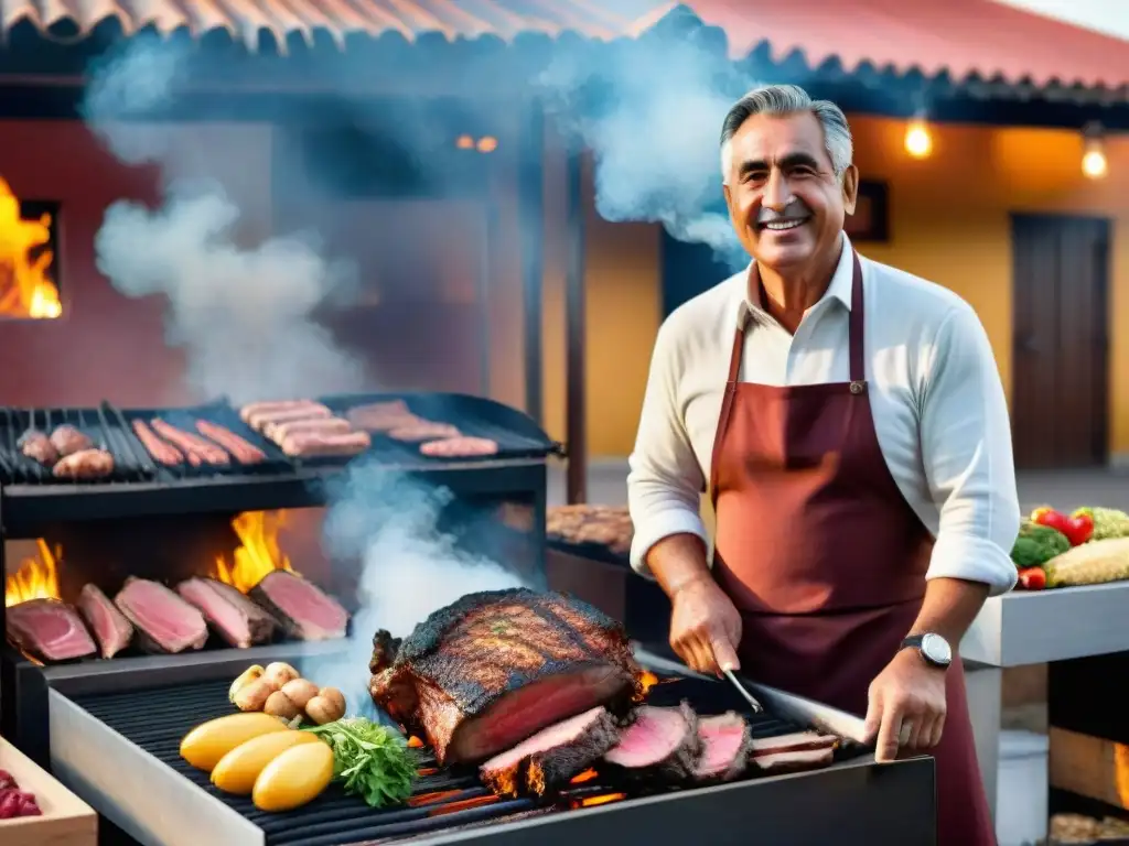 Eduardo, un asador uruguayo, luce orgulloso junto a una parrilla cargada de carnes, en un mercado al aire libre al atardecer