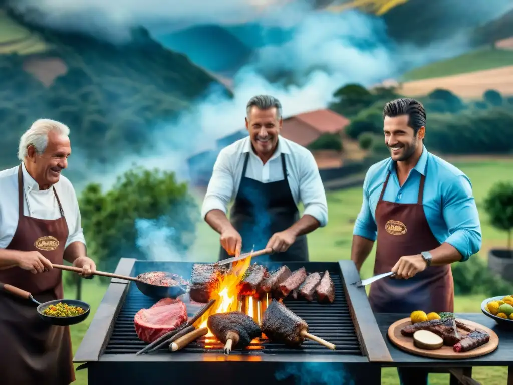 Asadores uruguayos expertos preparando un asado perfecto en el campo