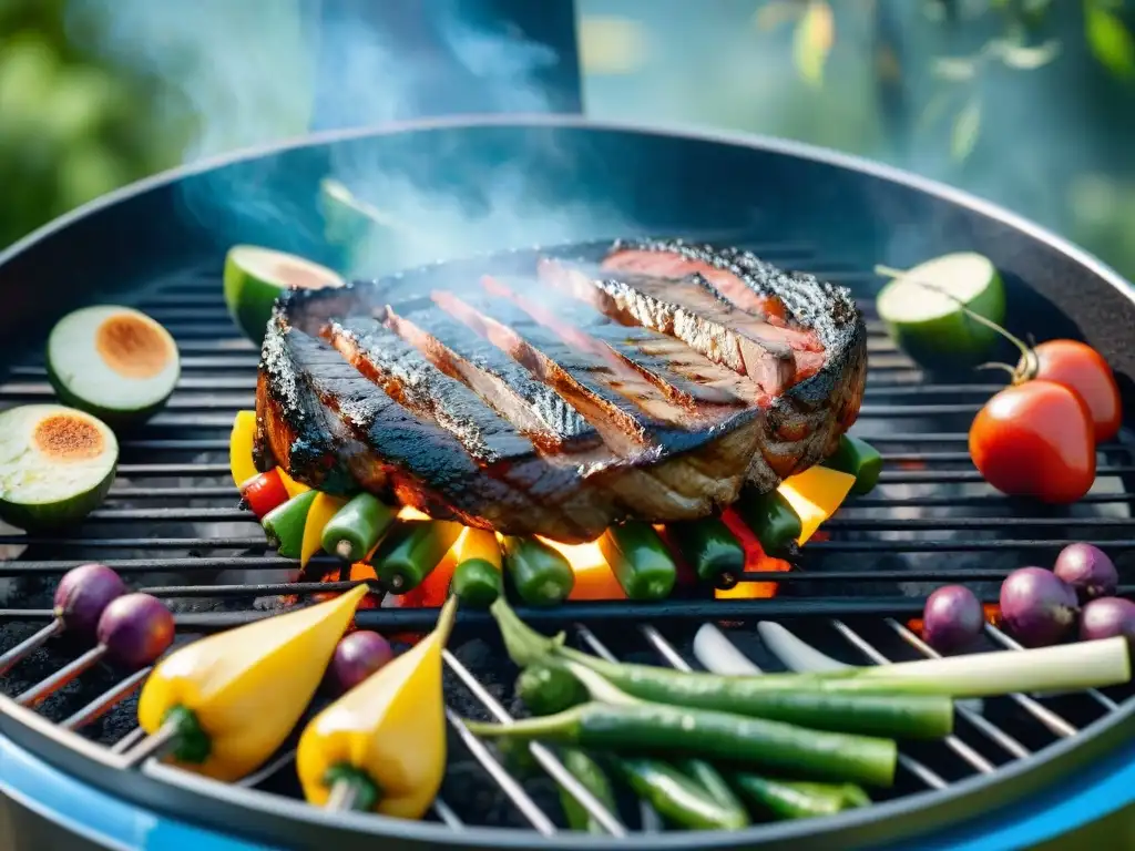 Fotografía de asados al aire con carne y vegetales en parrilla bajo la cálida luz del atardecer