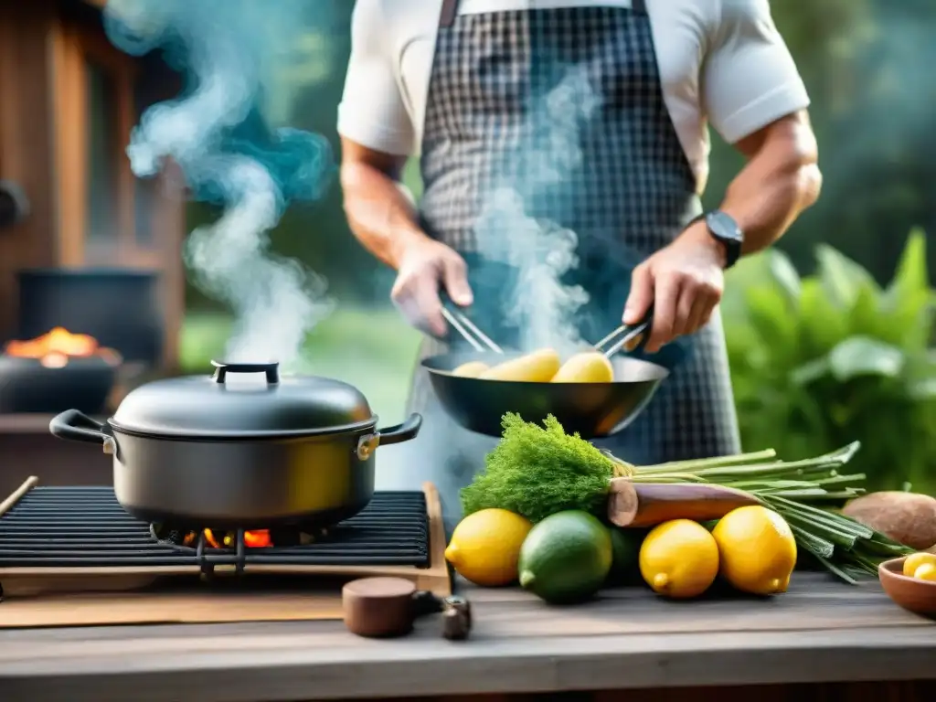 Fotografiar asados al aire libre: escena rústica con mesa de madera, platos coloridos y parrilla humeante en un entorno natural