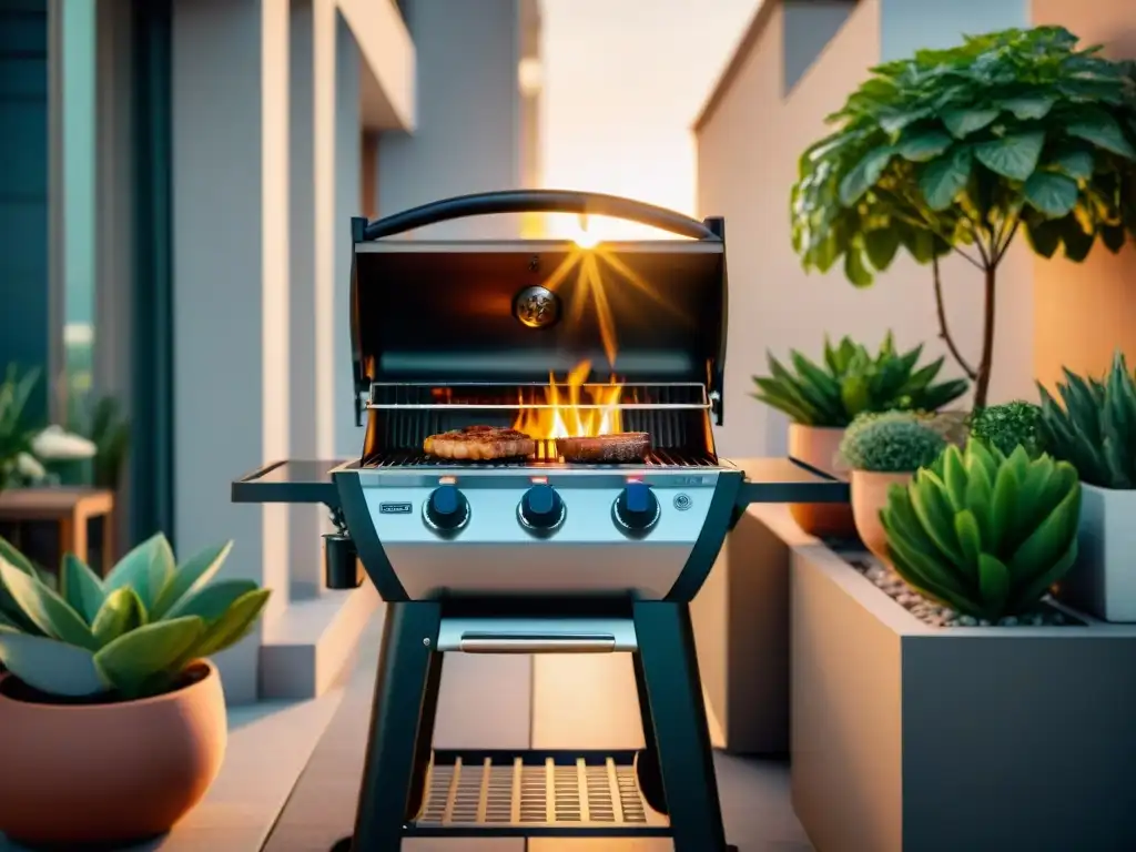 Innovación en asados en espacios reducidos: parrilla eléctrica moderna en balcón urbano con plantas y muebles contemporáneos bajo cálida luz solar