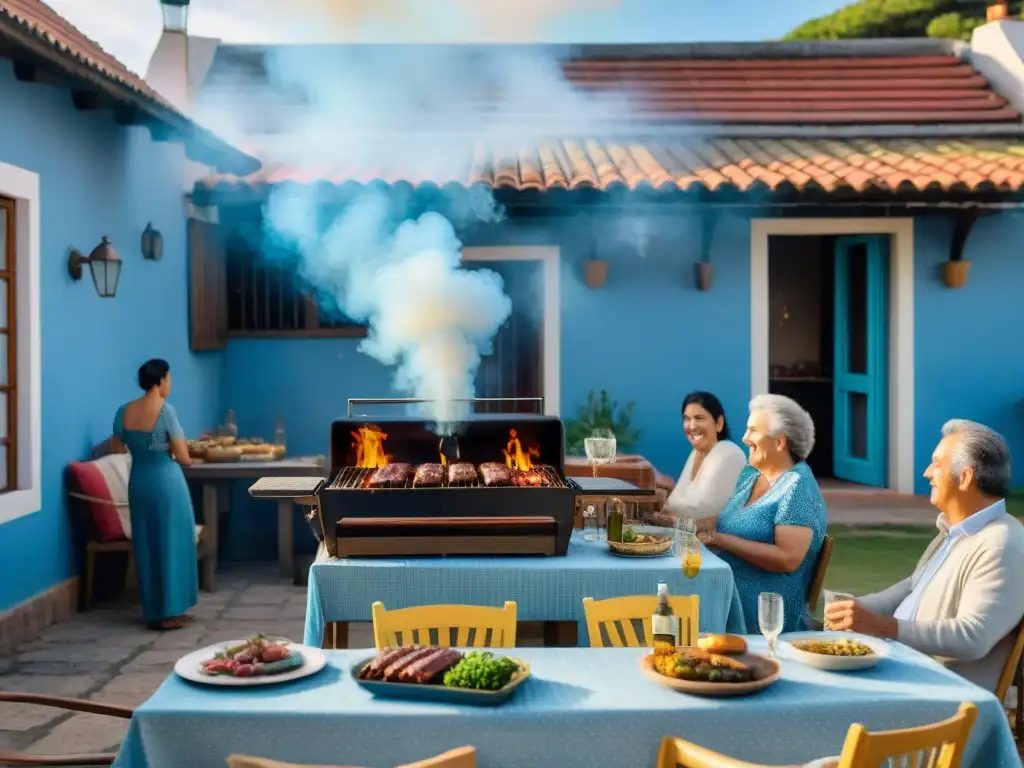 Fotografiando asados familiares en Uruguay: Escena de un asado tradicional con familiares riendo y charlando en un patio soleado