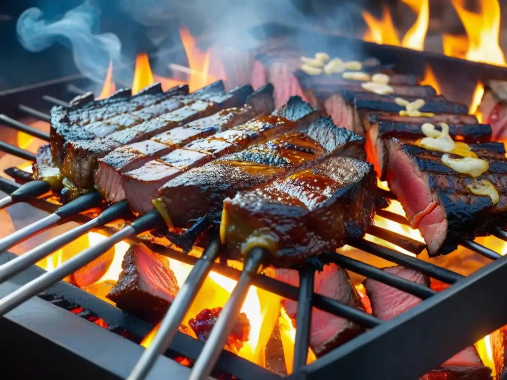 Fotografiando asados familiares en Uruguay: Detalle vibrante de una parrilla con carne asada y humo sobre brasas