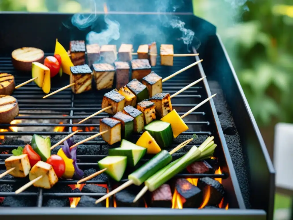 Deléitate con asados innovadores con tofu y tempeh en un vibrante escenario de barbacoa al aire libre