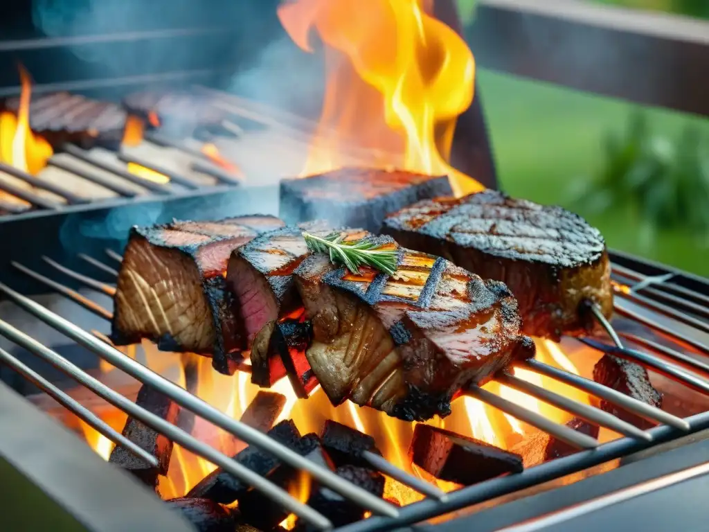 Fotografiar asados para Instagram: Una parrilla con jugosos filetes, vegetales coloridos y llamas vibrantes en un atardecer dorado en el jardín