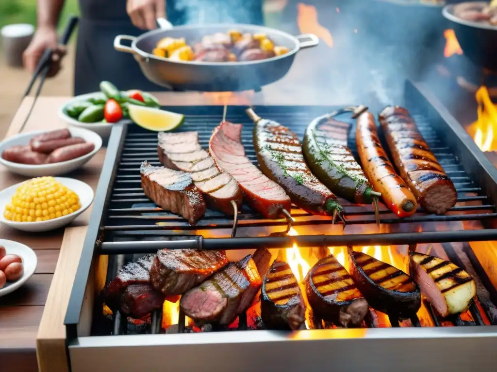 Fotografiar asados uruguayos profesionalmente: Un asado perfectamente cocido en una parrilla tradicional, rodeado de amigos y un ambiente cálido