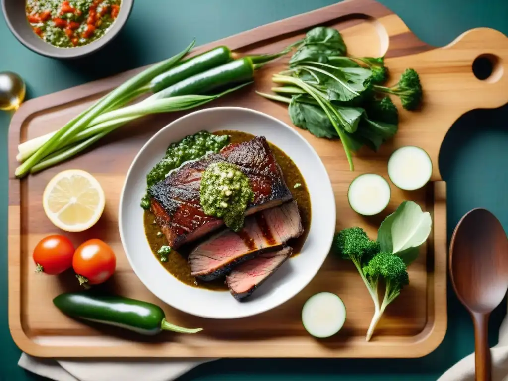 Fotografía de asados uruguayos con chimichurri y vegetales en una mesa rústica iluminada