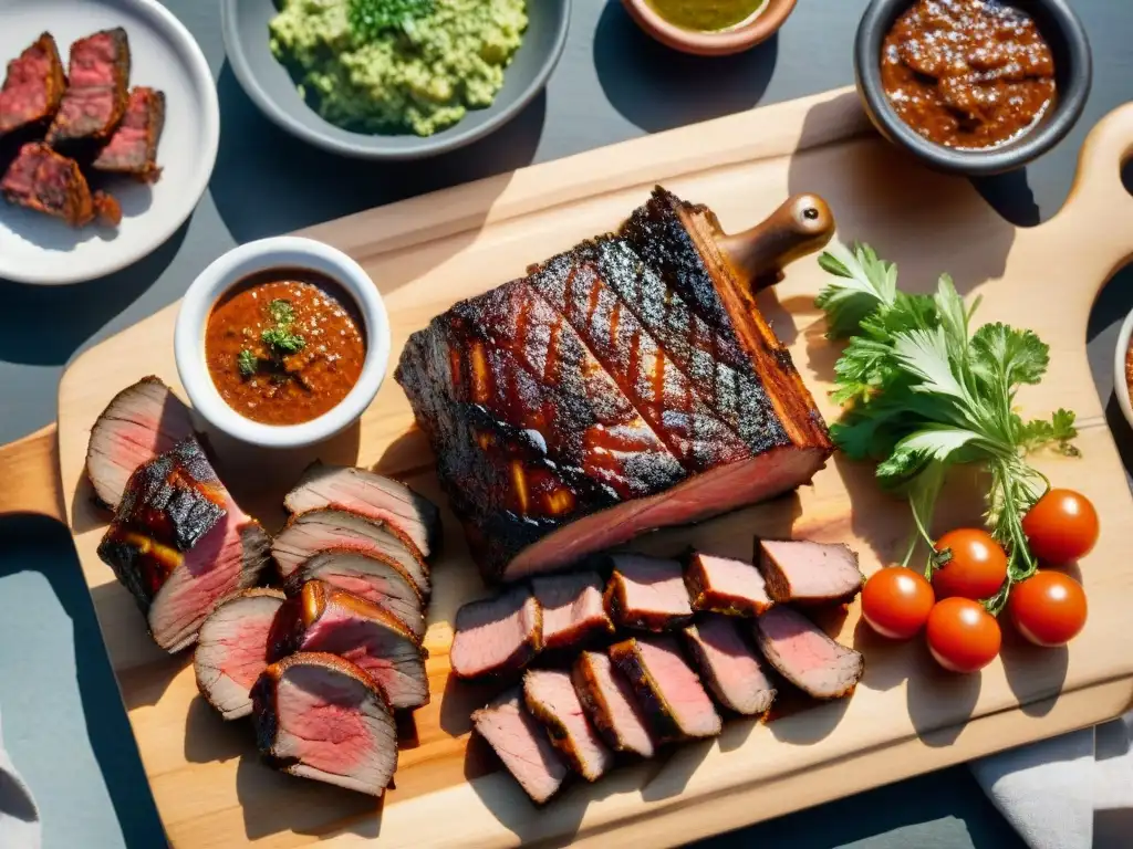 Fotografiar asados uruguayos profesionalmente: Delicioso asado uruguayo en mesa rústica al aire libre, con carnes jugosas y guarniciones tradicionales