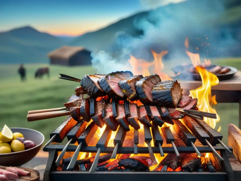 Fotografiar asados uruguayos profesionalmente: escena detallada de un asado tradicional con amigos y familia alrededor de la parrilla