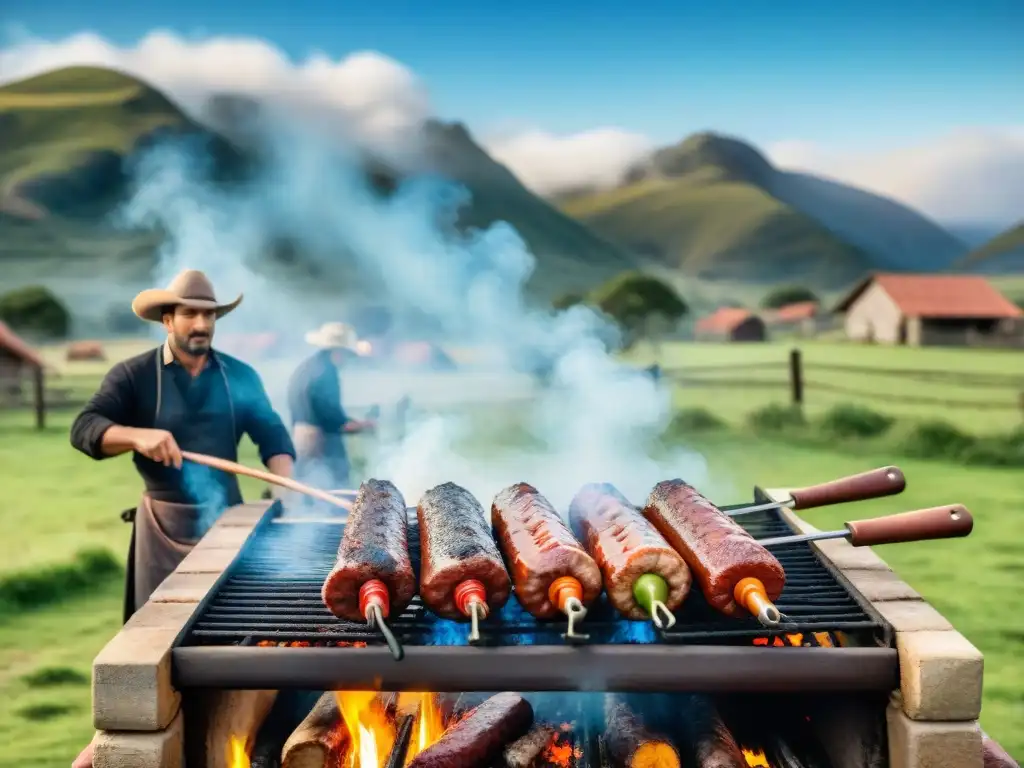 Fotografiando asados uruguayos profesionalmente: escena detallada de un típico asado con gauchos en un entorno rural