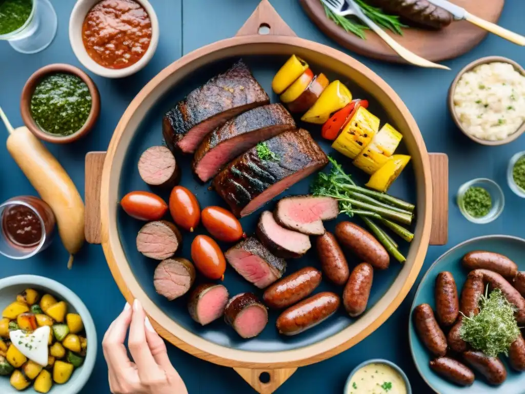 Fotografía de asados uruguayos en una mesa de madera con carnes, verduras a la parrilla y amigos disfrutando