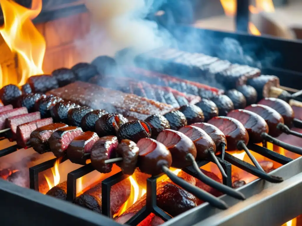 Increíble fotografía de asados uruguayos en una parrilla tradicional, con cortes perfectamente cocidos y rodeados de llamas y humo