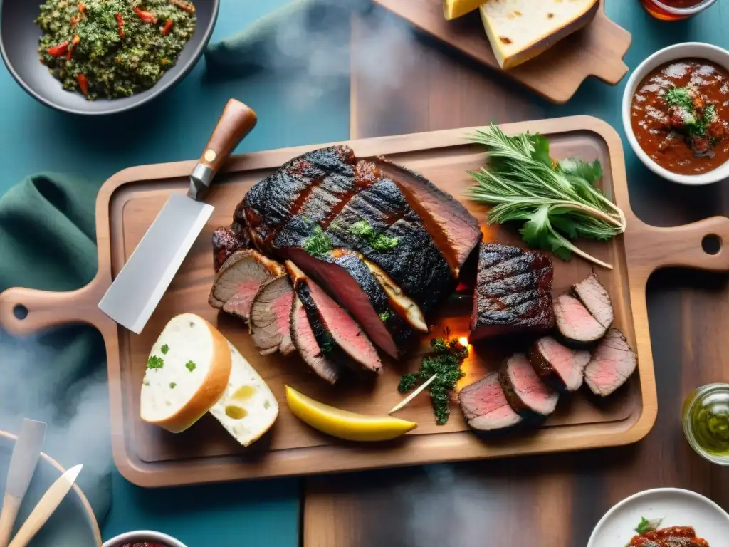 Una asombrosa escena de un asado uruguayo tradicional, con carnes a la parrilla, chimichurri y vinos finos