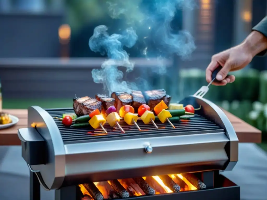 Un asombroso asado con parrilla inteligente en un patio moderno, rodeado de amigos y familia bajo el cielo estrellado