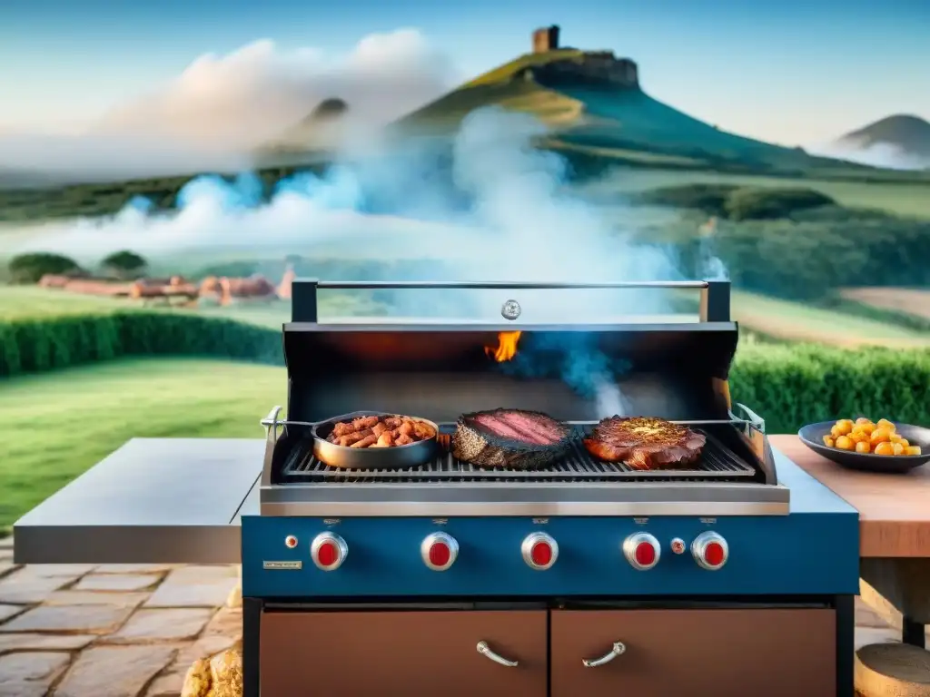 Asombroso asado en Uruguay: grill tradicional con carne jugosa, rodeado de naturaleza exuberante y colinas verdes bajo cielo azul claro