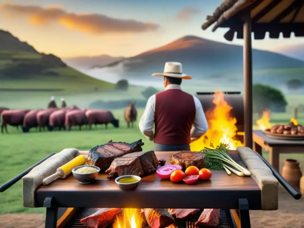 Un asombroso asado tradicional uruguayo en una estancia, con gauchos preparando la carne al aire libre al atardecer