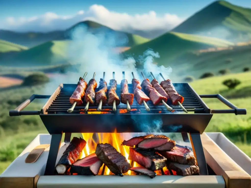 Un asombroso asado uruguayo con ahumado en un paisaje campestre exuberante