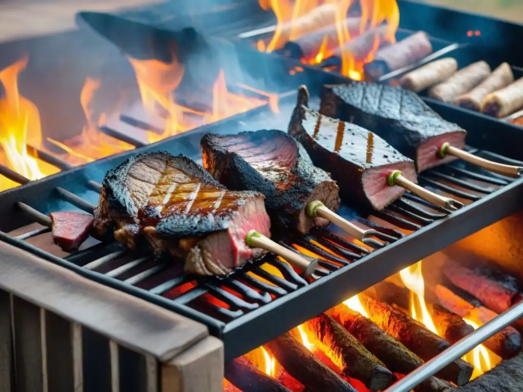 Un asombroso asado uruguayo con carnes exóticas en una parrilla tradicional, resaltando la importancia del asado uruguayo