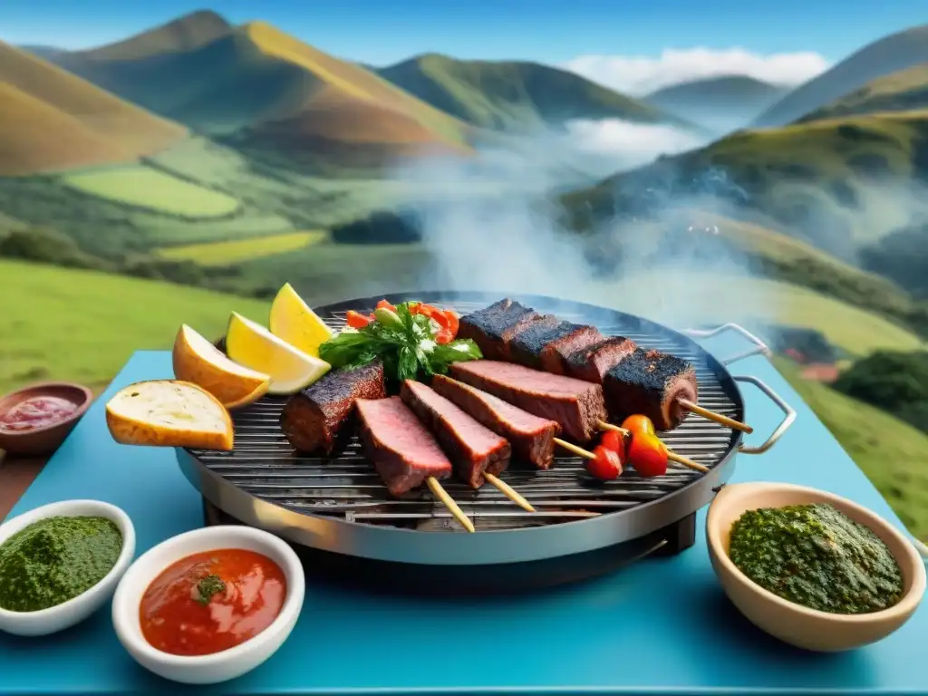 Un asombroso asado uruguayo con cortes tradicionales y salsas coloridas, en un escenario campestre