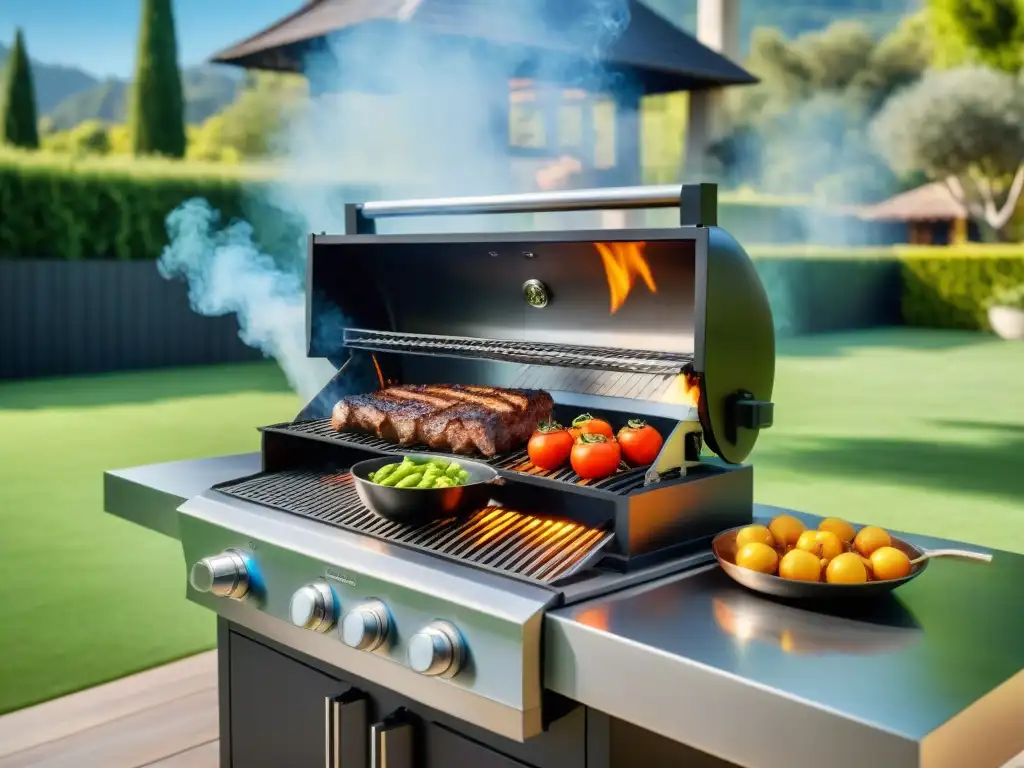 Un asombroso asado uruguayo parrillas híbridas en un jardín exuberante bajo el cielo azul