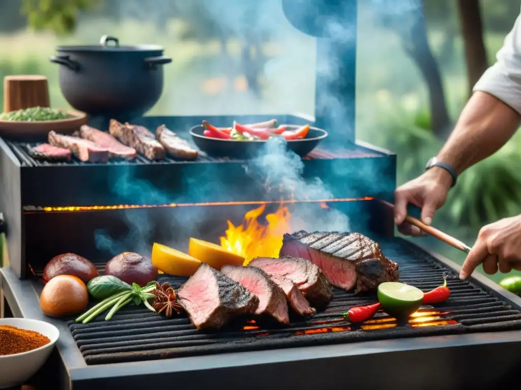 Un asombroso evento de asado en Uruguay, con chefs apasionados preparando cortes de carne en una parrilla tradicional