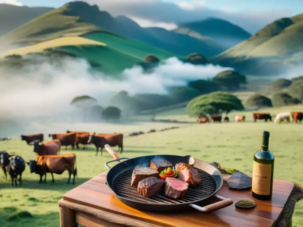 Un asombroso paisaje de una estancia uruguaya tradicional con un proceso de asado