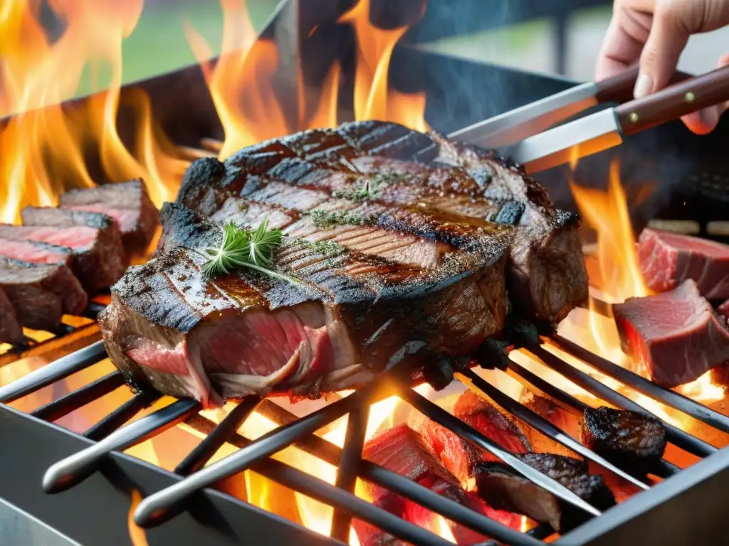 Un asombroso paisaje de una parrilla tradicional uruguaya con cortes premium, destacando las técnicas de asado uruguayas