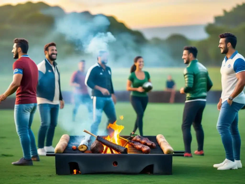 Un atardecer cálido con amigos jugando fútbol y un asado uruguayo al fondo