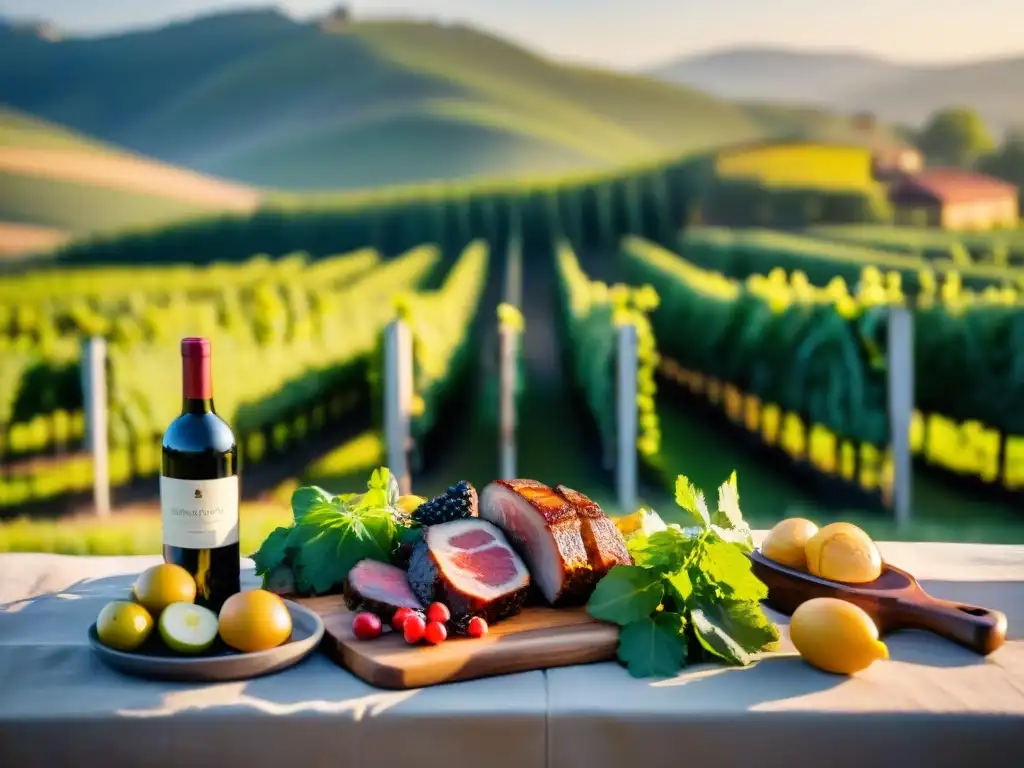 Un atardecer cálido en un viñedo con mesa de vinos y asado