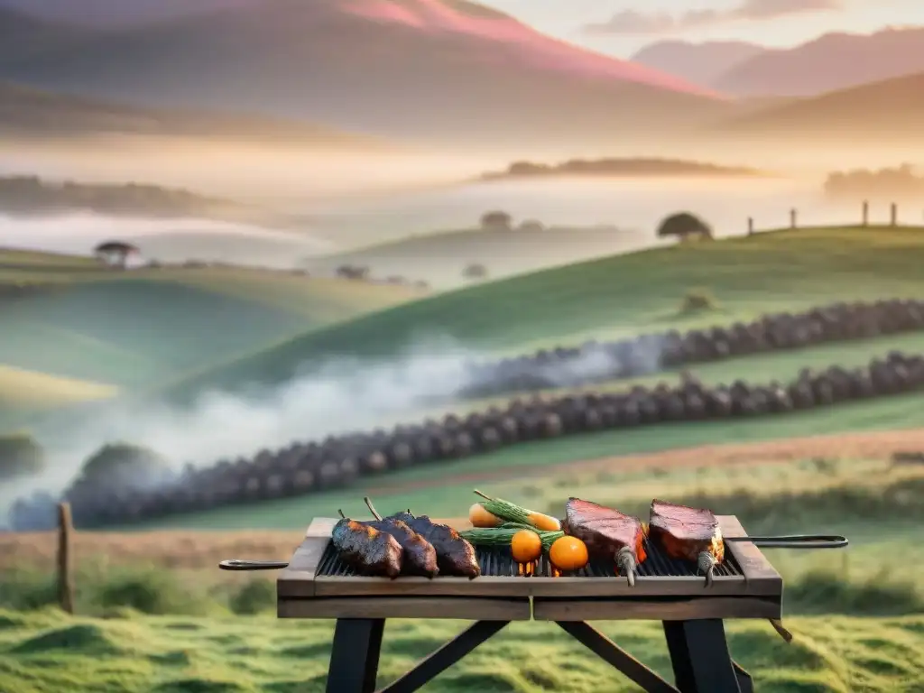 Atardecer en el campo uruguayo con asado en progreso