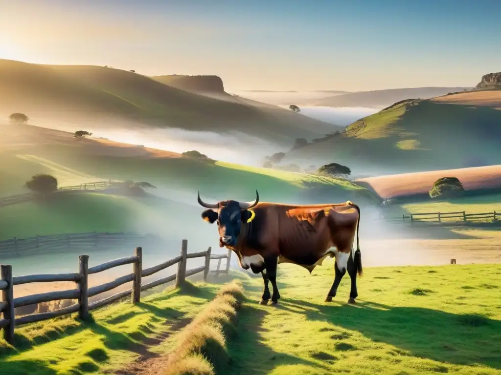 Un atardecer en el campo uruguayo con ganado pastando y una cerca de madera, evocando la importancia de la procedencia en el asado uruguayo