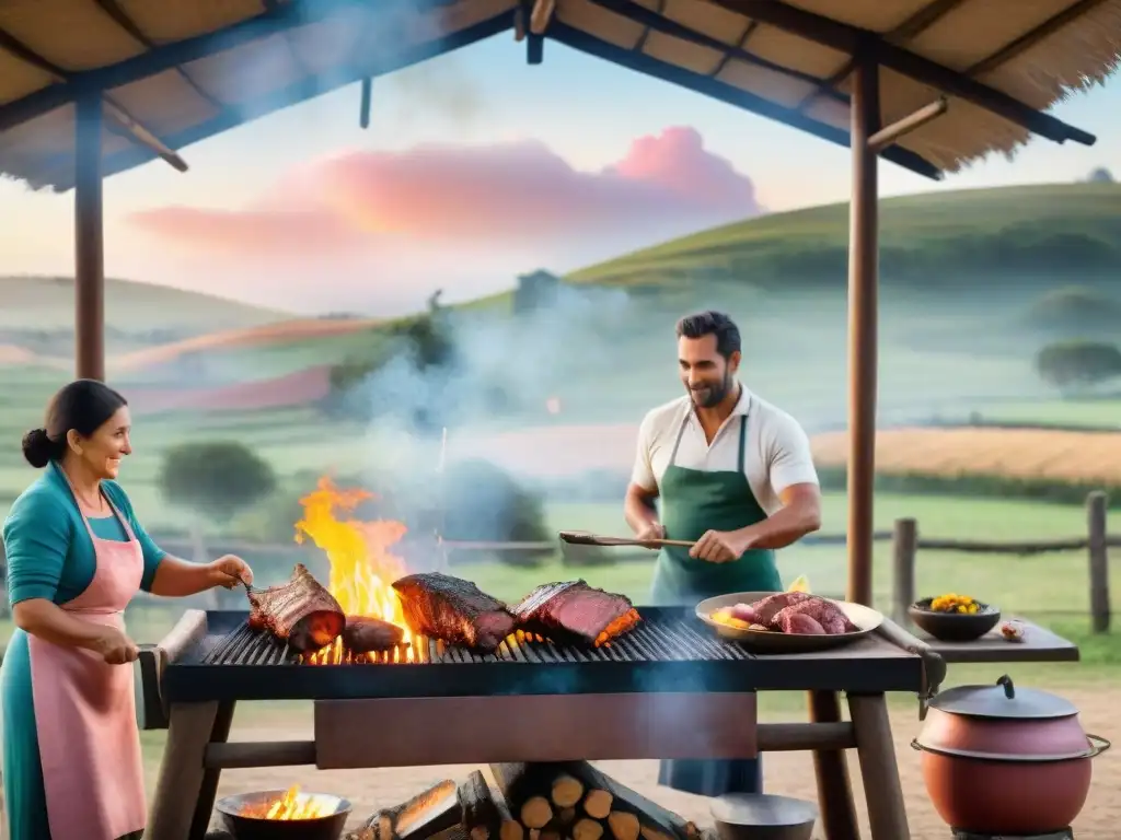 Un atardecer dorado en Uruguay con un asado tradicional en curso