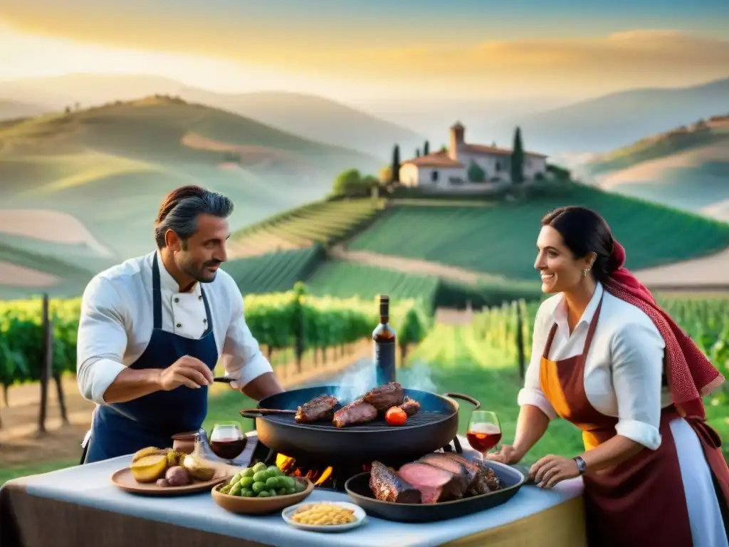 Un atardecer dorado ilumina un asado uruguayo con influencia italiana en el campo italiano