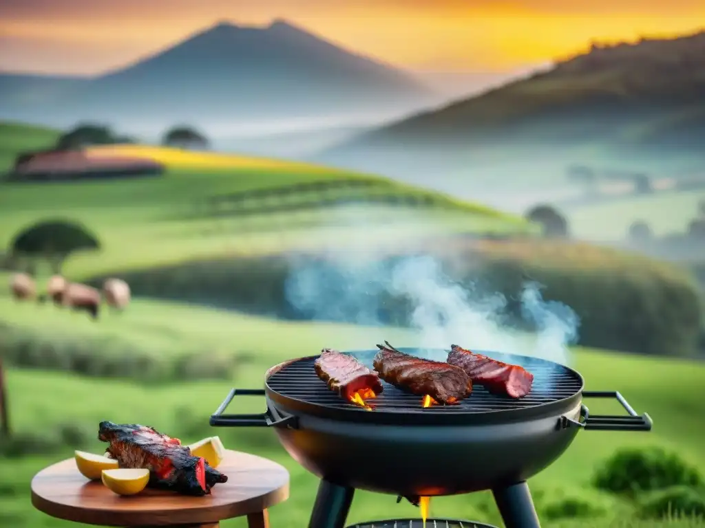 En un atardecer dorado en el campo uruguayo, gauchos expertos preparan una parrilla de asado con carbón vegetal premium