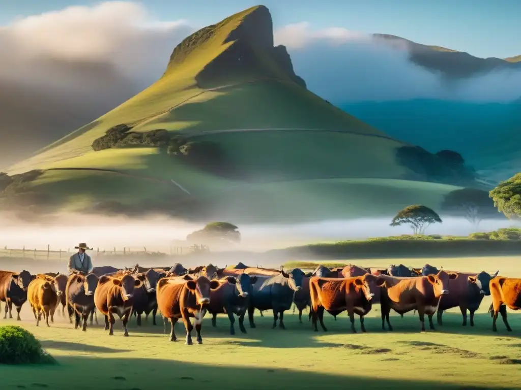 Rancho uruguayo al atardecer: escena idílica de pastoreo y tradición gaucha Atardecer dorado en estancia uruguaya, pastizales verdes, ganado saludable y gaucho a caballo