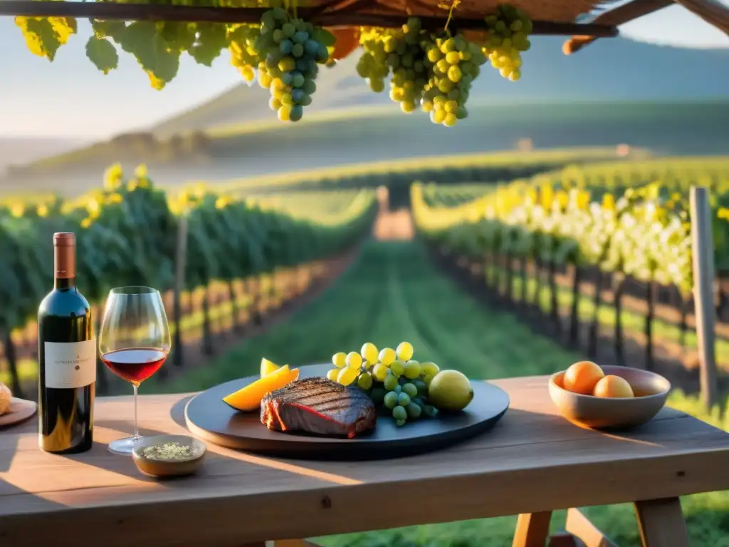 Un atardecer dorado en un viñedo de Uruguay con mesa de vinos naturales para asado uruguayo