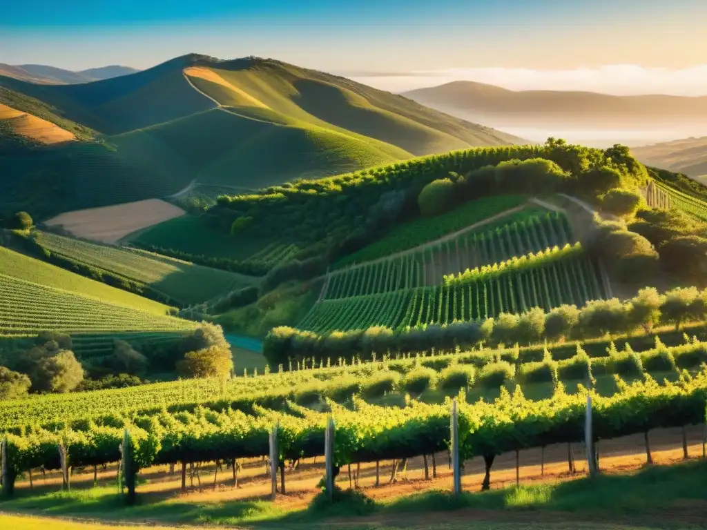 Un atardecer dorado en viñedos de altura en Uruguay, donde se disfruta de una cata de vinos