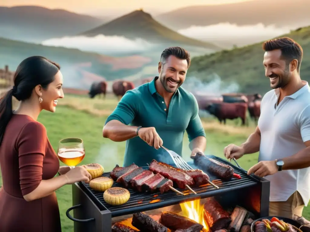 Un atardecer mágico en un asado uruguayo tradicional con amigos, vino tinto y carnes a la parrilla