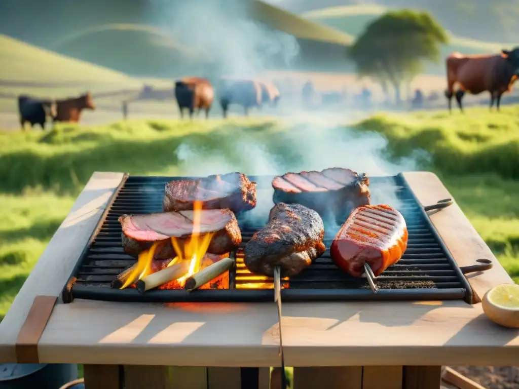 Un atardecer mágico en el campo uruguayo con un asado tradicional y gauchos, reflejando historia y tradición