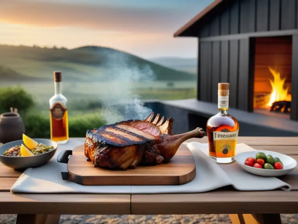 Un atardecer mágico en Uruguay: Destilados uruguayos para asado, parrilla con carnes y mesa de madera lista para disfrutar