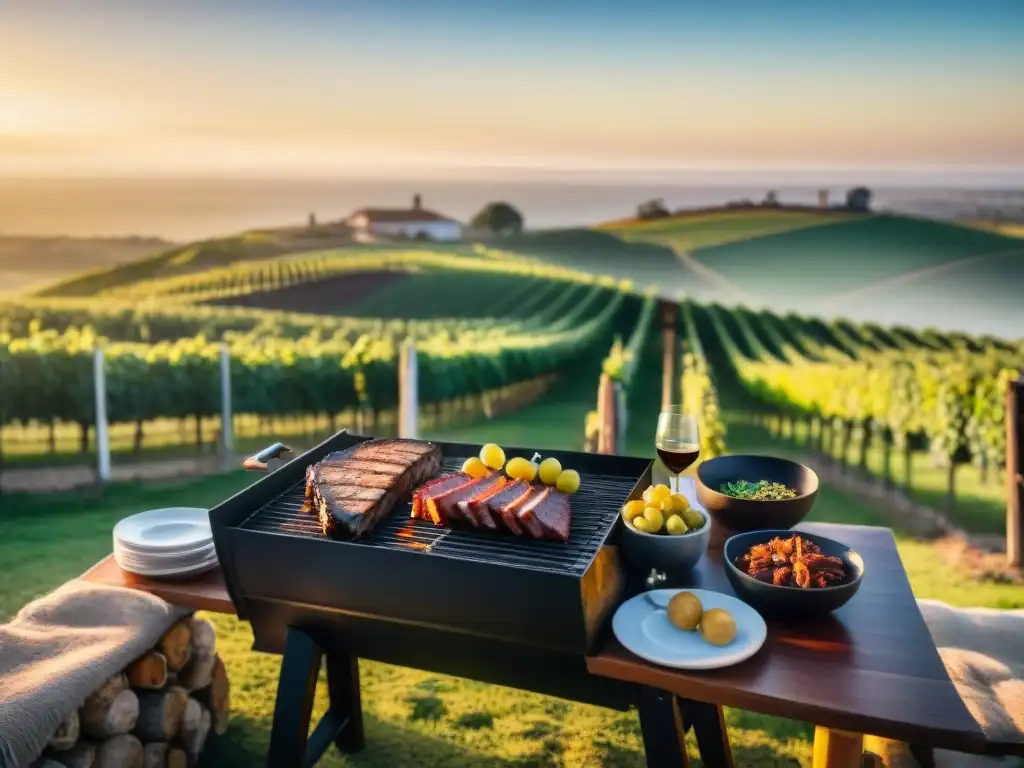 Un atardecer mágico en un viñedo uruguayo con amigos disfrutando de vinos uruguayos y un asado