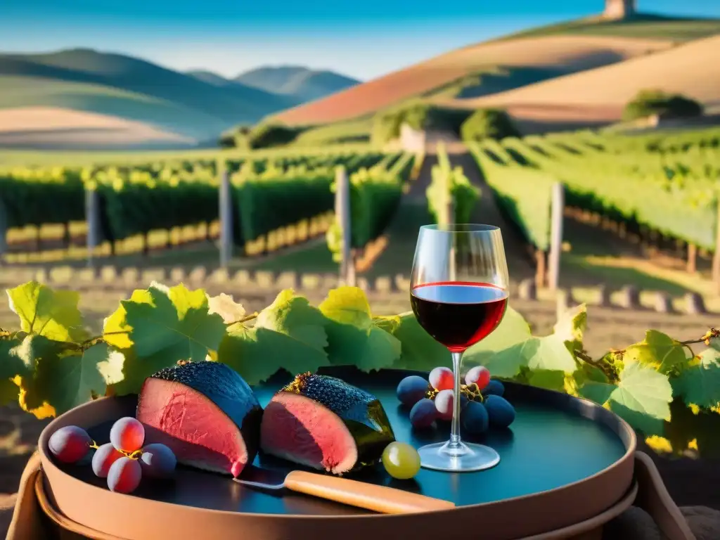 Atardecer en viñedo uruguayo: asado y amigos entre vides verdes Un atardecer mágico en viñedo uruguayo con amigos disfrutando de vinos uruguayos para maridar asado