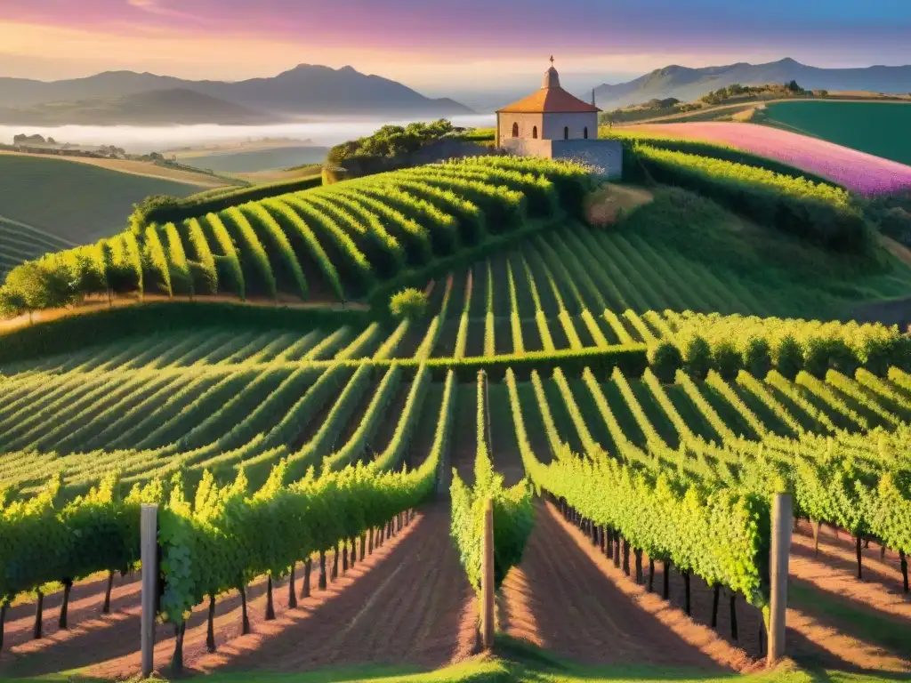 Un atardecer mágico en los viñedos de Uruguay, con barril de uvas frescas