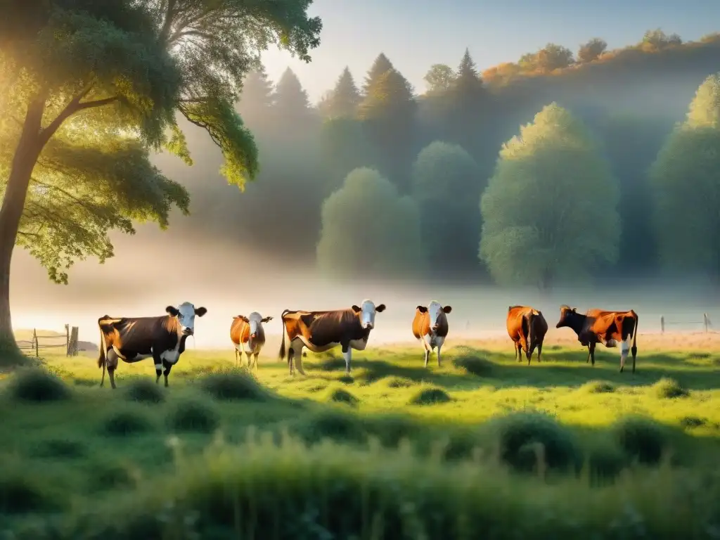 Un atardecer sereno en un campo con vacas pastando, iluminado por la hora dorada