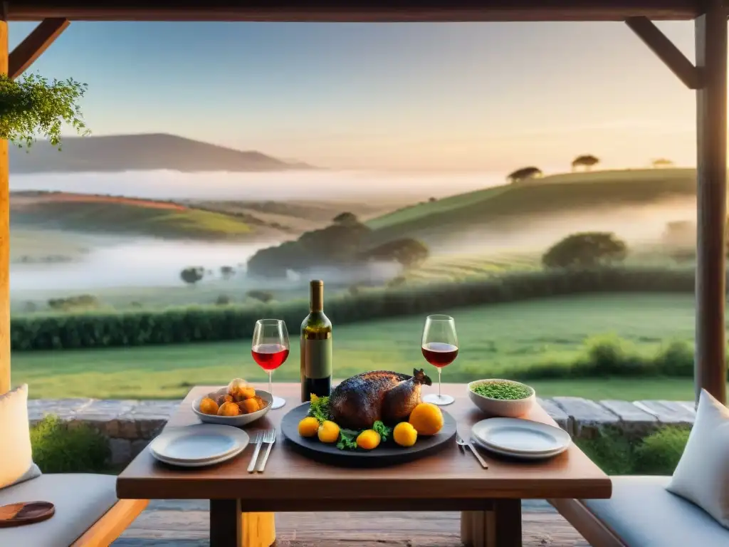 Un atardecer sereno en una estancia elegante en Uruguay, con mesa de asado al aire libre y paisaje campestre